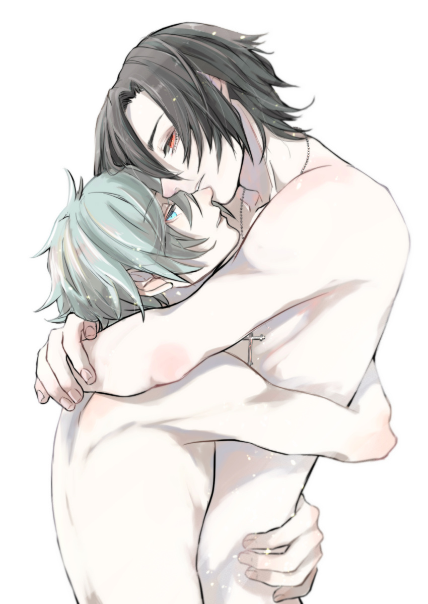 2boys akira_(togainu_no_chi) blue_eyes cross cross_necklace from_side grey_hair hair_between_eyes half-closed_eyes highres hug implied_nudity jewelry looking_at_viewer male_focus multiple_boys necklace pale_skin profile red_eyes shiki_(togainu_no_chi) short_hair sketch togainu_no_chi tomikko topless_male upper_body white_background white_theme yaoi