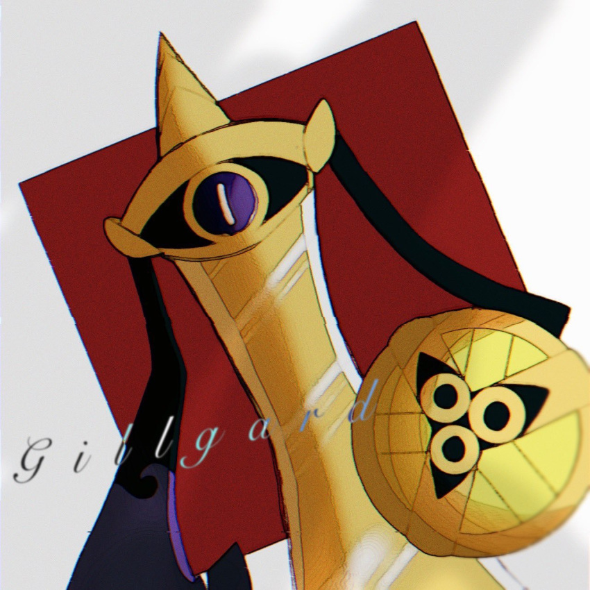 aegislash black_sclera bright_pupils character_name chromatic_aberration colored_sclera commentary dutch_angle glitch highres holding holding_shield no_humans one-eyed pokemon pokemon_(creature) purple_eyes red_background rize_(r) shield slit_pupils solo sword weapon white_pupils