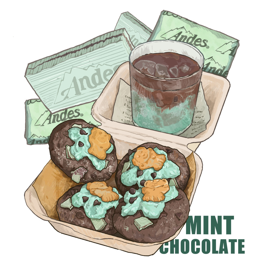 absurdres bmu_s chocolate cookie cup drink drinking_glass food food_focus highres ice ice_cube mint_chocolate no_humans original still_life white_background