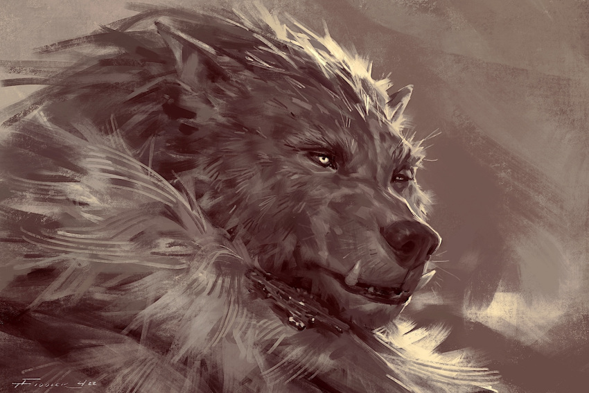 2022 3:2 anthro armor blaidd_(elden_ring) canid canine canis clothing detailed digital_media_(artwork) elden_ring fangs fluffy fromsoftware fur fur_coat hi_res male mammal monochrome muscular muscular_anthro muscular_male sepia sharp_teeth signature solo taran_fiddler teeth wolf