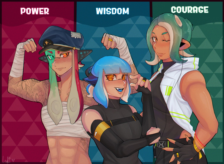 3girls ;) abs arm_tattoo arms_up bandages black_gloves black_shirt blue_hair blue_headwear bridal_gauntlets cabbie_hat chest_sarashi commentary dark_skin elbow_gloves fingerless_gloves gloves green_eyes green_hair hand_on_own_hip hat heterochromia highres inkling long_hair luft_(luft_sch) midriff multiple_girls one_eye_closed orange_eyes pointy_ears sarashi shirt sleeveless sleeveless_shirt smile splatoon_(series) stomach strapless tattoo the_legend_of_zelda tube_top upper_body wrist_wrap