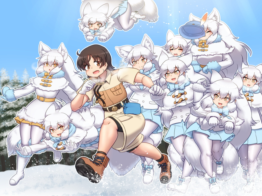 2023 4:3 5_fingers :3 alternate_version_at_source animal_humanoid arctic_fox_(kemono_friends) belt biped black_hair blue_bottomwear blue_bow blue_clothing blue_handwear blue_hat blue_headwear blue_mittens blue_skirt boots bottomwear bow_(feature) bow_accessory bow_ribbon breath_cloud brown_boots brown_clothing brown_eyes brown_footwear canid canid_humanoid canine canine_humanoid captain_(kemono_friends) chasing clear_sky clothed clothing coat colored day detailed_background digital_media_(artwork) eyelashes eyes_closed female fingers fluffy fluffy_tail footwear forest fox_humanoid front_view fully_clothed fur gloves group hair handwear hat headgear headwear hi_res holding_clothing holding_hat holding_headgear holding_headwear holding_object human humanoid humanoid_hands inner_ear_fluff jumping kemono kemono_friends large_group legwear light_body light_skin long_hair looking_at_another male mammal mammal_humanoid mittens mo23 monotone_body monotone_ears monotone_fur monotone_hair monotone_tail mouth_hold neck_bow object_in_mouth open_:3 open_mouth open_smile outside paw_pose pink_tongue plant pose pounce pupils running shaded shirt shoes short_hair shorts skirt sky smile snow standing stockings tail tan_bottomwear tan_clothing tan_shirt tan_shorts tan_topwear tongue topwear tree tuft white_body white_boots white_clothing white_coat white_footwear white_fur white_gloves white_hair white_handwear white_inner_ear white_inner_ear_fluff white_legwear white_shoes white_stockings white_tail white_topwear yellow_bottomwear yellow_bow yellow_clothing yellow_eyes yellow_skirt