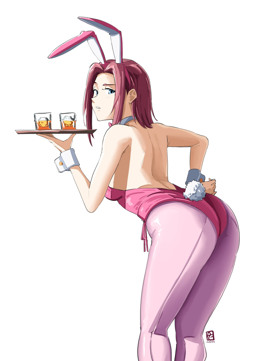 1girl animal_ears ass automatic_giraffe backless_leotard bare_shoulders blue_eyes bow bowtie breasts code_geass cup detached_collar drinking_glass english_commentary fake_animal_ears fake_tail from_behind highleg highleg_leotard highres holding holding_tray kallen_stadtfeld leaning_forward leotard looking_at_viewer medium_breasts official_alternate_costume pantyhose pink_leotard pink_pantyhose playboy_bunny rabbit_ears rabbit_tail red_hair short_hair solo standing strapless strapless_leotard tail traditional_bowtie tray white_background wrist_cuffs