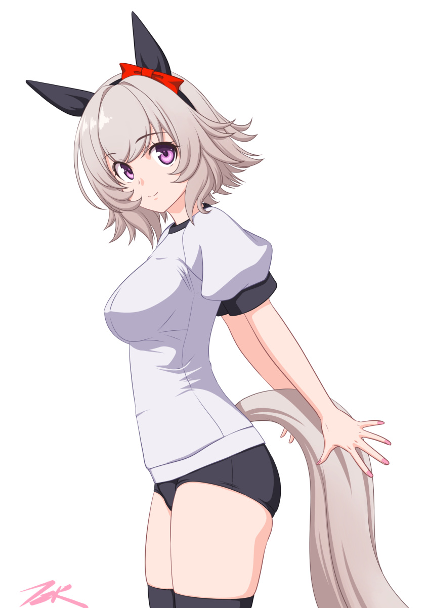 1girl animal_ears black_buruma black_thighhighs bow buruma cowboy_shot curren_chan_(umamusume) ear_bow ear_covers grey_hair gym_shirt gym_uniform highres horse_ears horse_girl horse_tail looking_at_viewer purple_eyes shirt short_hair simple_background solo t-shirt t2r tail thighhighs umamusume white_background white_shirt