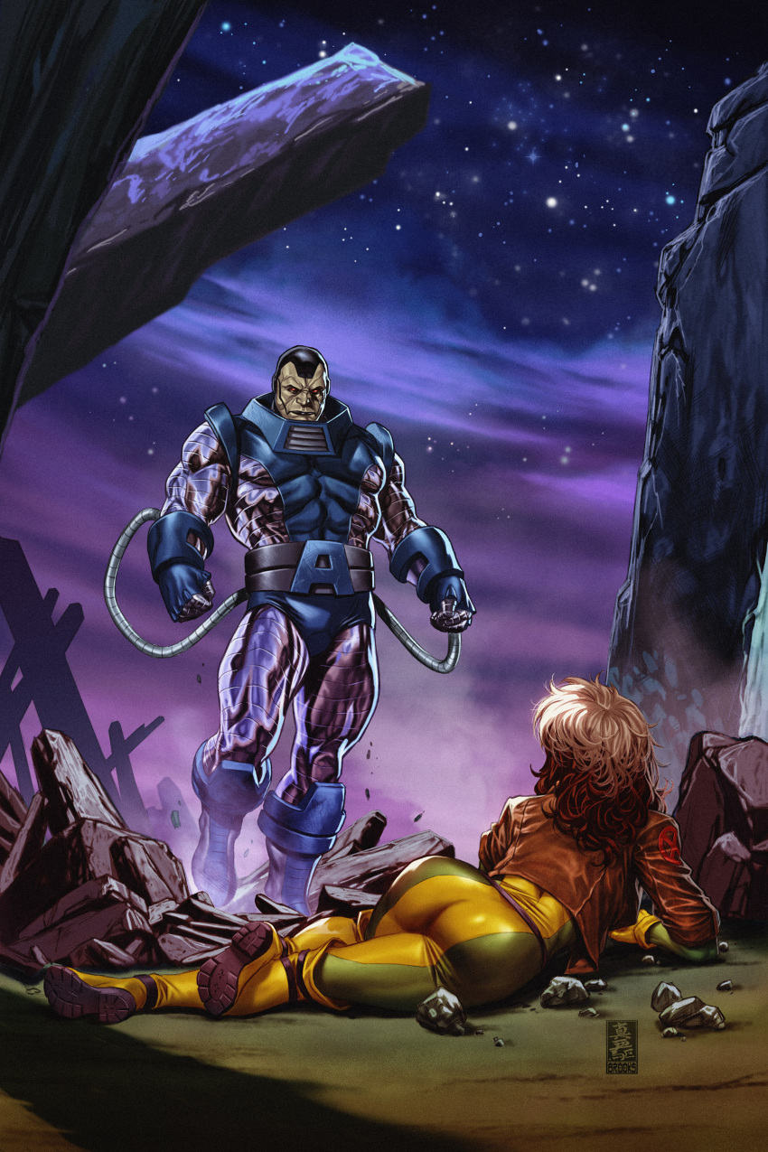 1boy 1girl absurdres apocalypse_(marvel) ass blue_gloves bodysuit brown_hair brown_jacket cable clenched_hands gloves green_bodysuit highres jacket lying mark_brooks marvel multicolored_hair muscular muscular_male night night_sky purple_bodysuit purple_gloves rock rogue_(x-men) sky standing star_(sky) two-tone_bodysuit two-tone_hair western_comics_(style) white_hair x-men yellow_bodysuit yellow_gloves