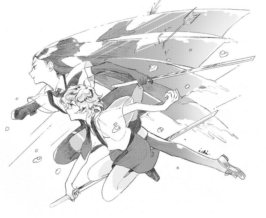 2others androgynous arrow_(projectile) bort collared_shirt commentary crystal_hair elbow_gloves floating_hair from_side full_body gem_uniform_(houseki_no_kuni) gloves greyscale hand_up hands_up highres holding holding_sword holding_weapon houseki_no_kuni jumping lililin loafers long_hair looking_ahead melting monochrome multiple_others necktie other_focus outstretched_arm profile puffy_short_sleeves puffy_sleeves reverse_grip running see-through see-through_sleeves shirt shoes short_hair short_sleeves shorts signature simple_background skort straight_hair suspender_shorts suspenders sword thighhighs very_long_hair weapon wide_sleeves zircon_(houseki_no_kuni)