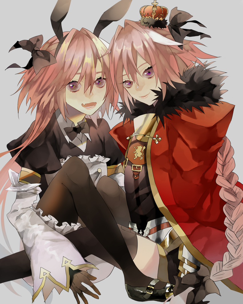 2boys absurdres animal_ears astolfo_(fate) astolfo_(saber)_(fate) astolfo_(saber)_(third_ascension)_(fate) black_bow black_bowtie black_thighhighs bow bowtie braid cape crossdressing crown dress dual_persona emasrrkn fake_animal_ears fang fate/apocrypha fate/grand_order fate_(series) fur-trimmed_cape fur_trim garter_straps grey_background hair_between_eyes hair_bow highres looking_at_viewer male_focus multicolored_hair multiple_boys open_mouth otoko_no_ko pink_hair purple_eyes rabbit_ears red_cape simple_background single_braid skin_fang smile streaked_hair thighhighs white_hair wing_collar