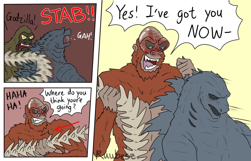 attack bald blood bodily_fluids empty_eyes english_text feral godzilla godzilla_(series) group hi_res king_kong male ruubeszdraws shedding shedding_skin skar_king sound_effects speech_bubble text toho trio whip