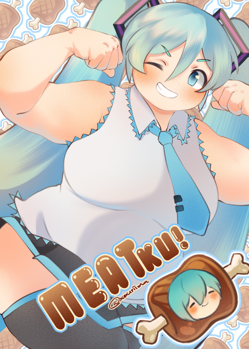 ! 1girl absurdres alternate_body_size alternate_breast_size aqua_hair artist_name bare_shoulders blue_eyes blue_necktie blue_outline boned_meat breasts clenched_hands clenched_teeth cowboy_shot dot_nose flexing food hair_between_eyes hair_ornament hatsune_miku highres large_breasts long_hair looking_at_viewer meat miniskirt necktie one_eye_closed open_mouth outline plump shirt skirt sleeveless sleeveless_shirt teeth thick_arms thick_thighs thighs twintails twitter_username vocaloid white_background white_outline wing_collar xixiriima zettai_ryouiki