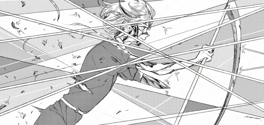 1other amputee androgynous battle closed_mouth commentary floating_hair from_side gem_uniform_(houseki_no_kuni) ghost_quartz_(houseki_no_kuni) greyscale highres holding holding_scythe holding_weapon houseki_no_kuni lililin looking_ahead monochrome other_focus outstretched_arms profile puffy_short_sleeves puffy_sleeves scythe severed_hair shards short_hair short_hair_with_long_locks short_sleeves signature simple_background smile solo sparkle torn_clothes upper_body weapon