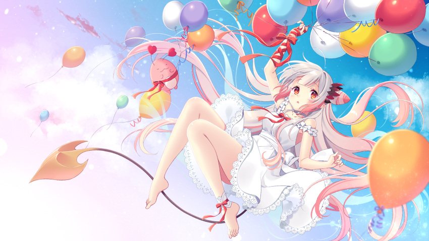 1girl :o arm_ribbon arm_up balloon bare_shoulders barefoot blue_sky bow breasts cloud commentary_request cone_hair_bun day demon_tail dress floating_hair gradient_hair grey_hair hair_bun highres holding holding_balloon honey_strap knees_together_feet_apart kusumoto_shizuru lace-trimmed_dress lace_trim long_hair medium_breasts multicolored_hair nanashi_inc. outdoors parted_lips pink_hair red_bow red_eyes red_ribbon ribbon sky sleeveless sleeveless_dress solo suou_patra tail very_long_hair white_dress