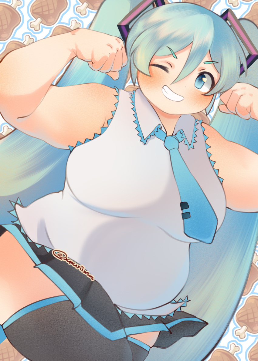 1girl absurdres alternate_body_size alternate_breast_size aqua_hair artist_name bare_shoulders blue_eyes blue_necktie blue_outline boned_meat breasts clenched_hands clenched_teeth cowboy_shot dot_nose flexing food hair_between_eyes hair_ornament hatsune_miku highres large_breasts long_hair looking_at_viewer meat miniskirt necktie one_eye_closed open_mouth outline plump shirt skirt sleeveless sleeveless_shirt solo teeth thick_arms thick_thighs thighs twintails twitter_username vocaloid white_background white_outline wing_collar xixiriima zettai_ryouiki