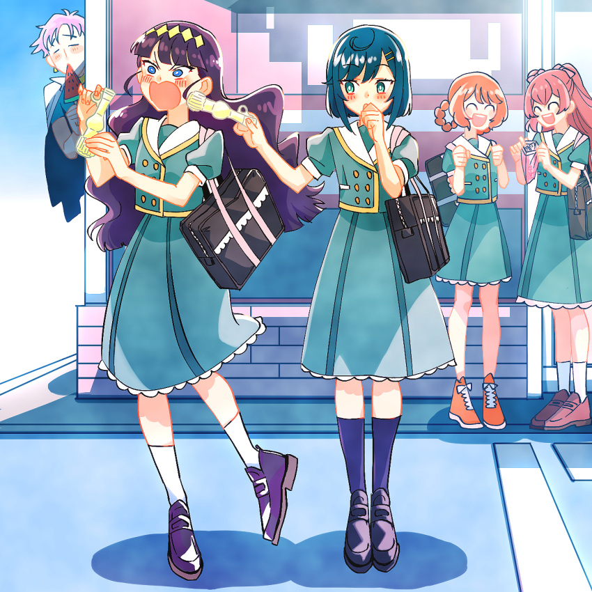 1boy 4girls bag black_footwear black_hair blue_footwear blue_hair blue_jacket blue_skirt blue_socks blunt_bangs bob_cut braid brown_hair carrying clenched_hands commentary day delicious_party_precure food frown fuwa_kokone green_eyes hair_ornament hair_ribbon hair_rings hairclip hanamichi_ran hand_to_own_mouth high-waist_skirt highres holding holding_food holding_popsicle jacket kasai_amane loafers long_hair looking_at_another medium_hair medium_skirt multiple_girls nagomi_yui no_socks open_mouth outdoors popsicle precure puffy_short_sleeves puffy_sleeves purple_hair red_footwear ribbon rosemary_(precure) sailor_collar school_bag school_uniform shinsen_middle_school_uniform shoes short_hair short_sleeves skirt sneakers socks standing standing_on_one_leg ton_(ton39342104) twin_braids two_side_up v-shaped_eyebrows watermelon_bar white_sailor_collar white_socks