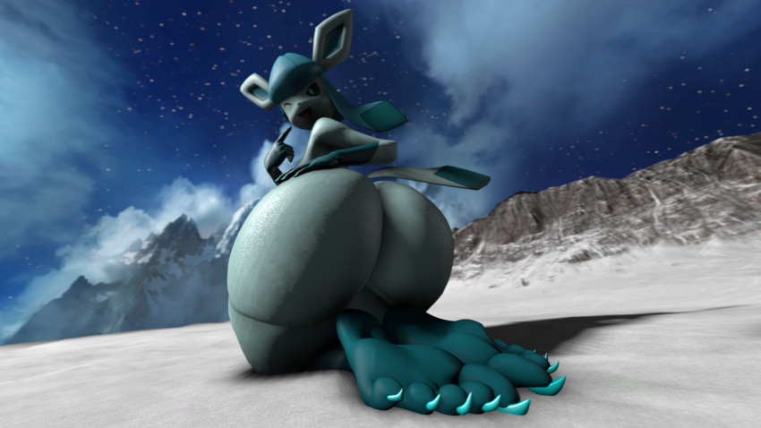 1080p 16:9 3d_(artwork) 5_fingers 5_toes anthro bare_butt bare_legs bareback barefoot big_butt big_feet blue_body blue_hair blue_nails bright_colors bubble_butt butt clawed_feet claws cloud colored_nails digital_media_(artwork) ears_up eeveelution feet female fingers foot_fetish foot_focus fortfoot game_freak generation_4_pokemon glaceon hair hand_on_butt hi_res huge_butt humanoid humanoid_feet humanoid_hands kneeling looking_at_viewer looking_back mountain nails nintendo nude plantigrade pokemon pokemon_(species) presenting presenting_hindquarters smile snow soles solo solo_focus source_filmmaker tagme tail thick_thighs toe_claws toes wide_hips widescreen