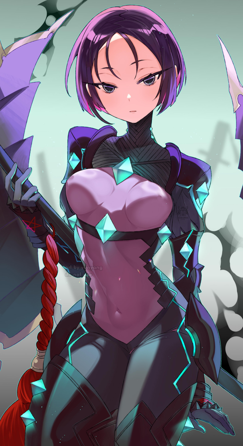 1girl absurdres armor black_armor black_eyes bodysuit breasts covered_navel fate/grand_order fate/samurai_remnant fate_(series) grey_bodysuit highres japanese_armor katana looking_at_viewer medium_breasts minamoto_no_raikou_(fate) neon_trim parted_bangs purple_hair rider_(fate/samurai_remnant) short_hair sword thighs weapon yun-yang