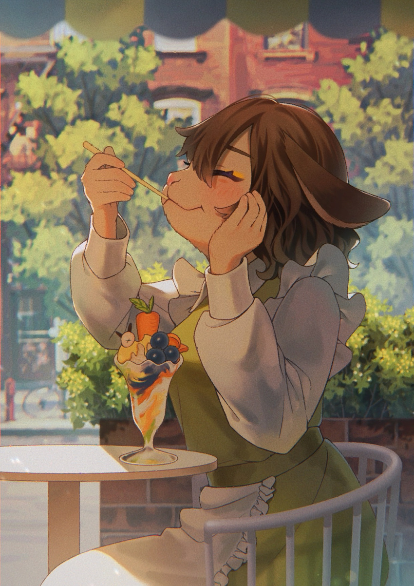 1girl animal_ears apron awning blueberry blush brick brown_fur brown_hair building burakku_yami bush cafe carrot chair closed_eyes closed_mouth dress ears_down eating food from_side fruit furry furry_female green_dress hand_on_own_face happy highres long_sleeves original parfait planter profile rabbit_ears rabbit_girl sash sitting solo spoon table tree