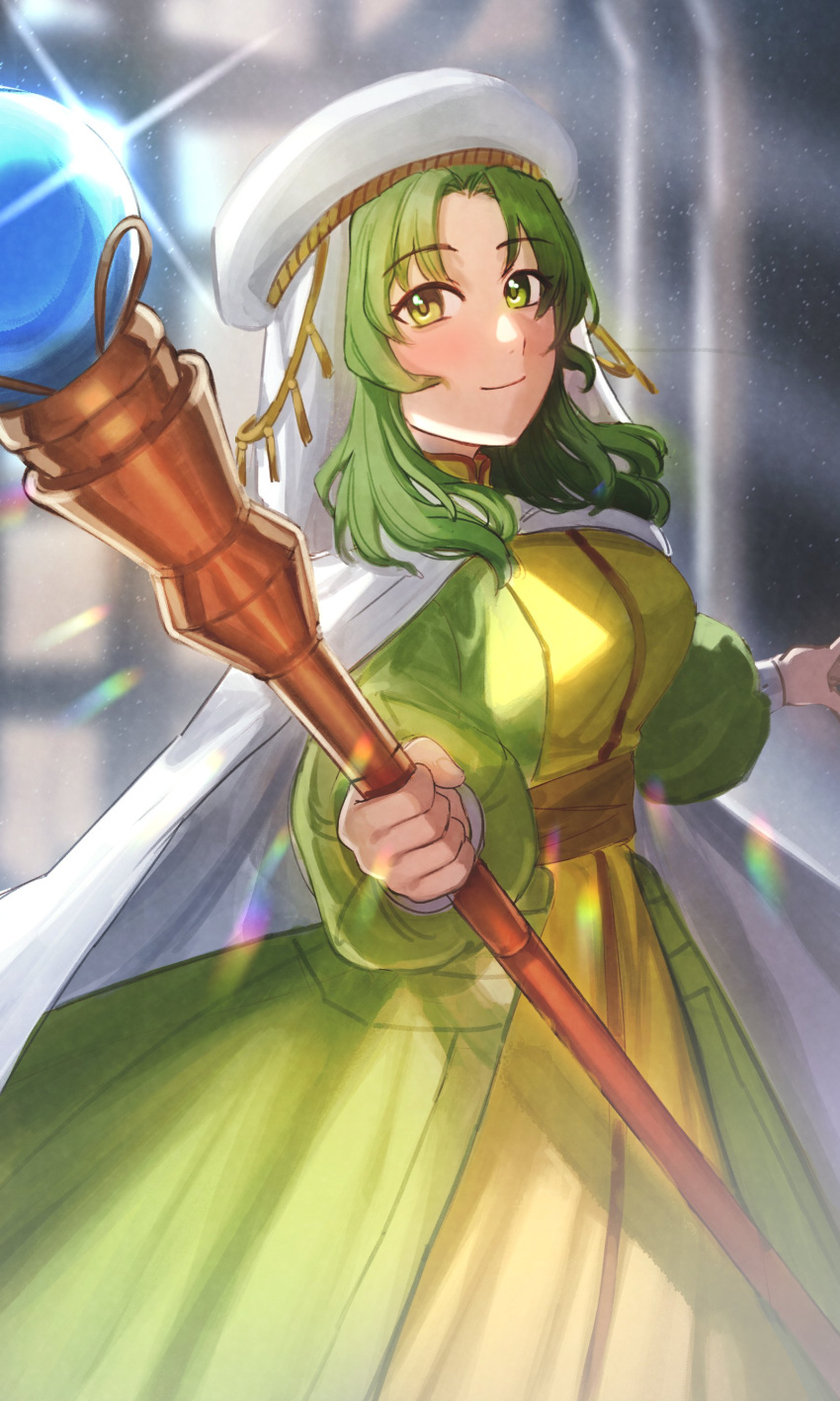 1girl absurdres dahampter dress fire_emblem fire_emblem:_thracia_776 fire_emblem_heroes highres holding holding_staff looking_at_viewer priestess safy_(fire_emblem) staff weapon window