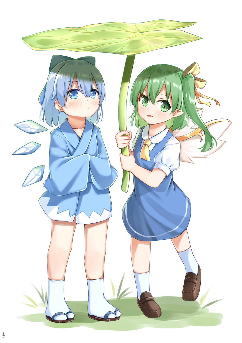 2girls absurdres blue_bow blue_dress blue_hair blue_kimono blush bow cirno daiyousei dress fairy_wings green_eyes green_hair hair_bow hair_ribbon highres holding ice ice_wings japanese_clothes jiangshibu!@#$ kimono leaf leaf_umbrella multiple_girls open_mouth pointy_ears puffy_short_sleeves puffy_sleeves ribbon short_hair short_sleeves side_ponytail socks touhou white_socks wings yellow_bow