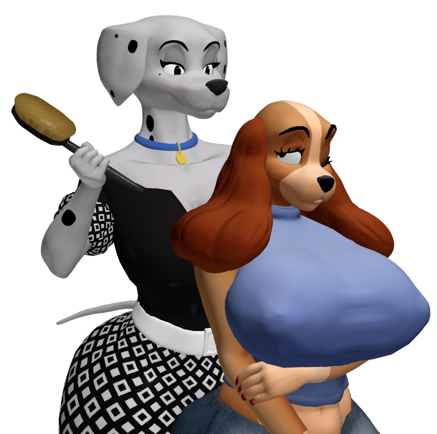 101_dalmatians 3d_(artwork) anthro big_breasts breasts brush canid canine clothed clothing digital_media_(artwork) disney duo female hair hi_res joelsfm lady_(lady_and_the_tramp) lady_and_the_tramp looking_back mammal nipple_outline perdita simple_background smile source_filmmaker tail