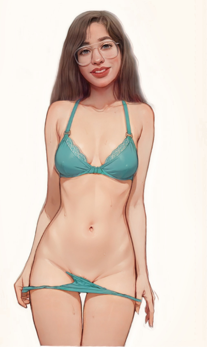 1girl absurdres ai-generated blue_bra blue_eyes bra breasts highres light_smile looking_at_viewer medium_breasts narrow_waist non-web_source original petite simple_background solo underwear undressing