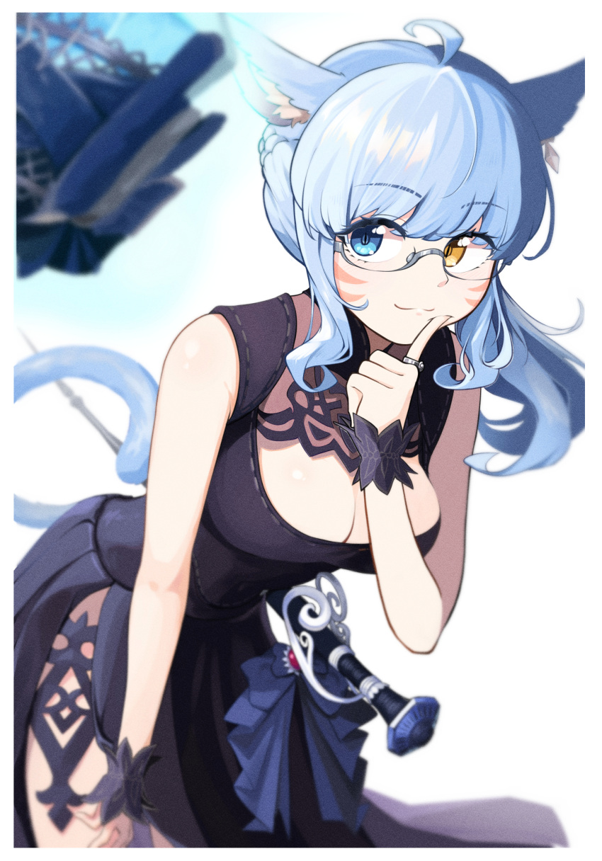 1girl ahoge animal_ear_fluff animal_ears black_dress blue_eyes blue_hair blurry breasts cat_ears cat_tail cleavage depth_of_field dress eyebrows_hidden_by_hair feet_out_of_frame final_fantasy final_fantasy_xiv glasses hand_on_own_chin heterochromia highres jewelry large_breasts leaning_forward light_smile long_hair looking_at_viewer miqo'te peiyuan_yuuya ring scrunchie semi-rimless_eyewear solo tail wand warrior_of_light_(ff14) wrist_scrunchie yellow_eyes