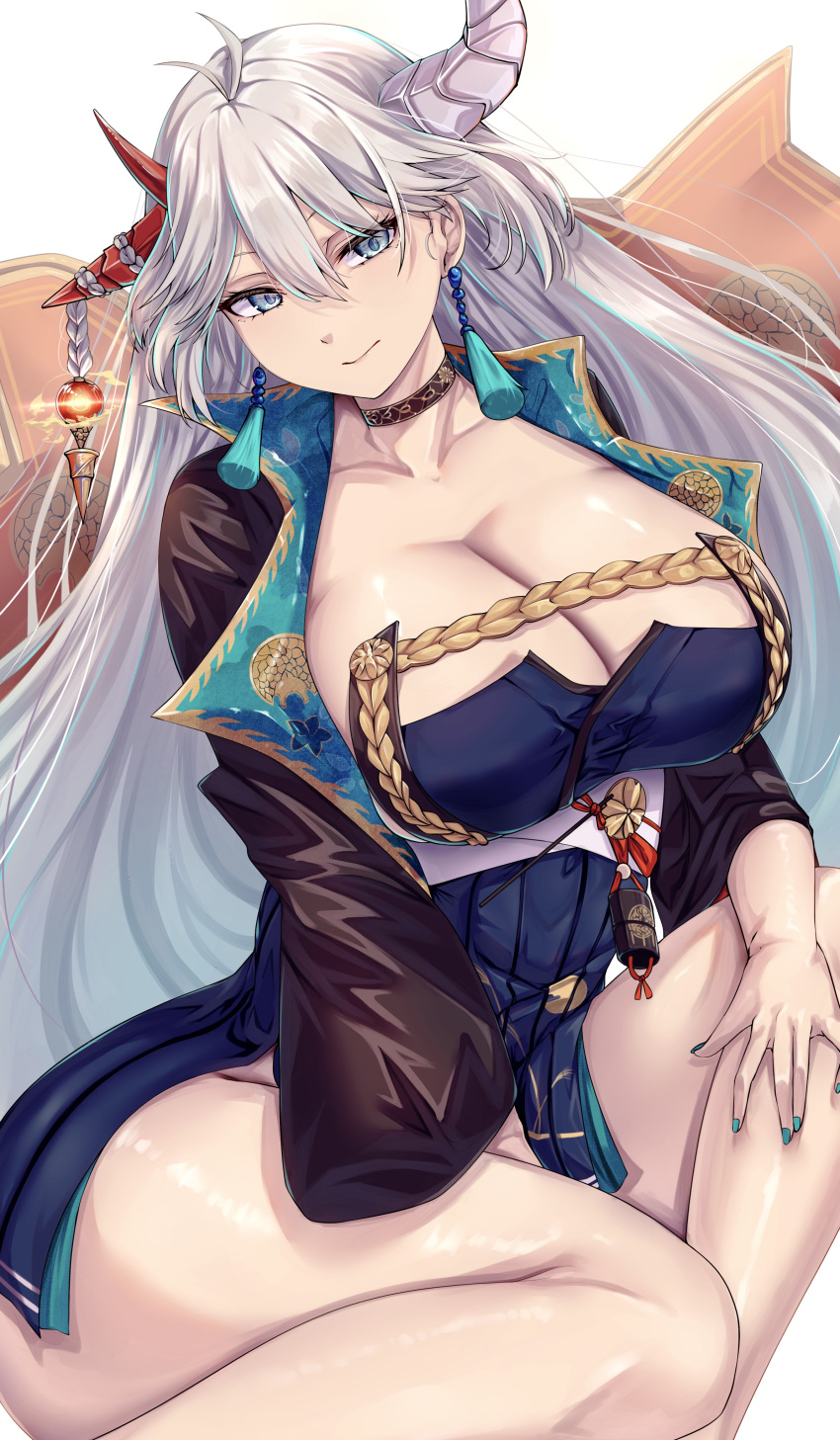 1girl absurdres aqua_nails armor asymmetrical_horns azur_lane breasts cleavage closed_mouth dress earrings hair_between_eyes hair_on_horn hakuryuu_(azur_lane) highres horns huge_breasts japanese_armor jewelry long_hair long_sleeves mirufui nail_polish pleated_dress red_horns sakuramon shiny_skin solo very_long_hair white_eyes white_hair white_horns