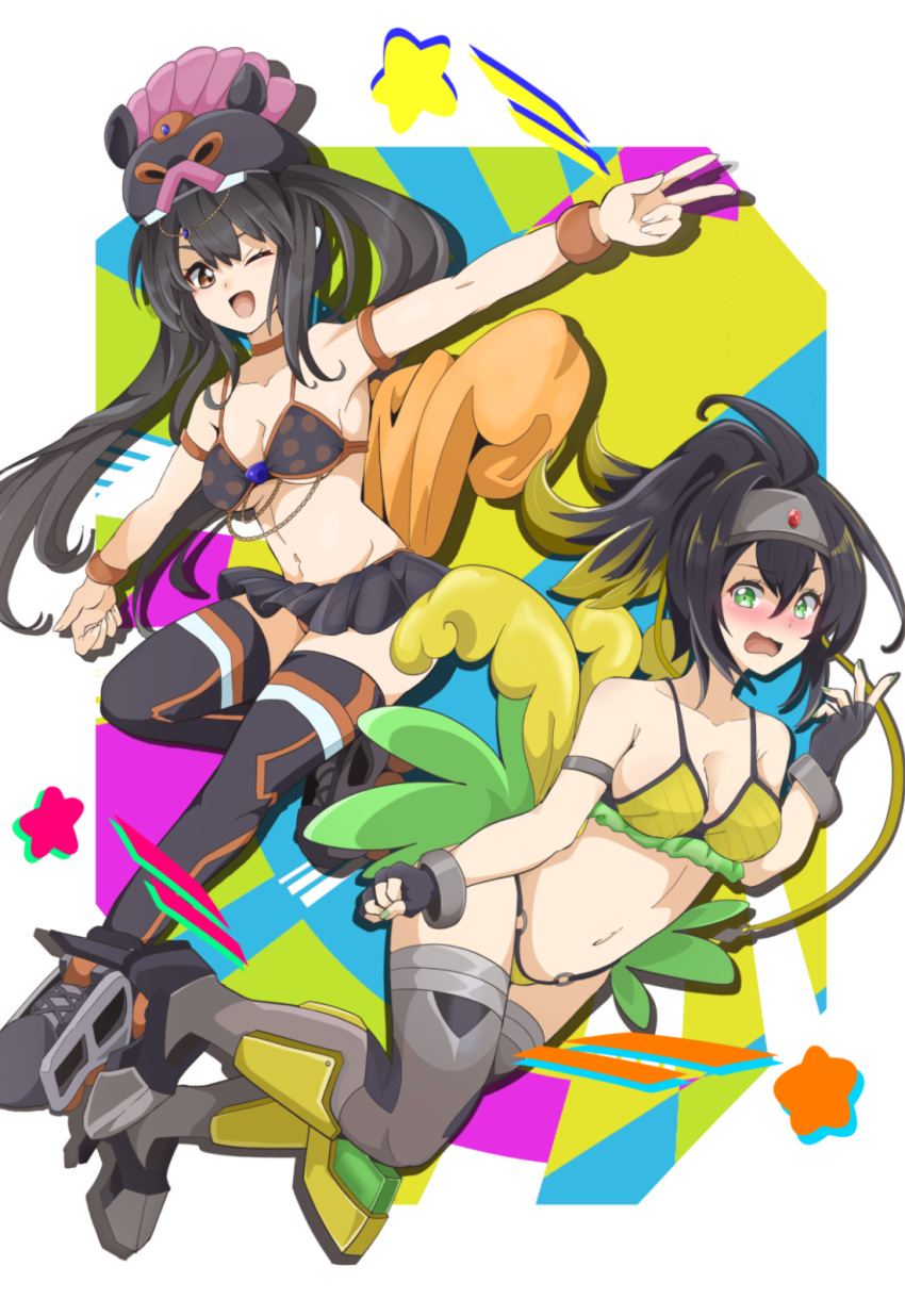 2girls adapted_costume arm_strap arm_up bikini black_hair black_headwear black_sky blonde_hair blush boots bra colored_tips commission duel_monster feathers fingerless_gloves full_body gloves green_eyes green_nails hairband hat high_heel_boots high_heels highres i:p_masquerena long_hair mochi_curry multicolored_hair multiple_girls open_mouth pixiv_commission roller_skates s-force_rappa_chiyomaru skates skirt sky stomach swimsuit thighhighs underwear v wings wrist_straps yu-gi-oh!