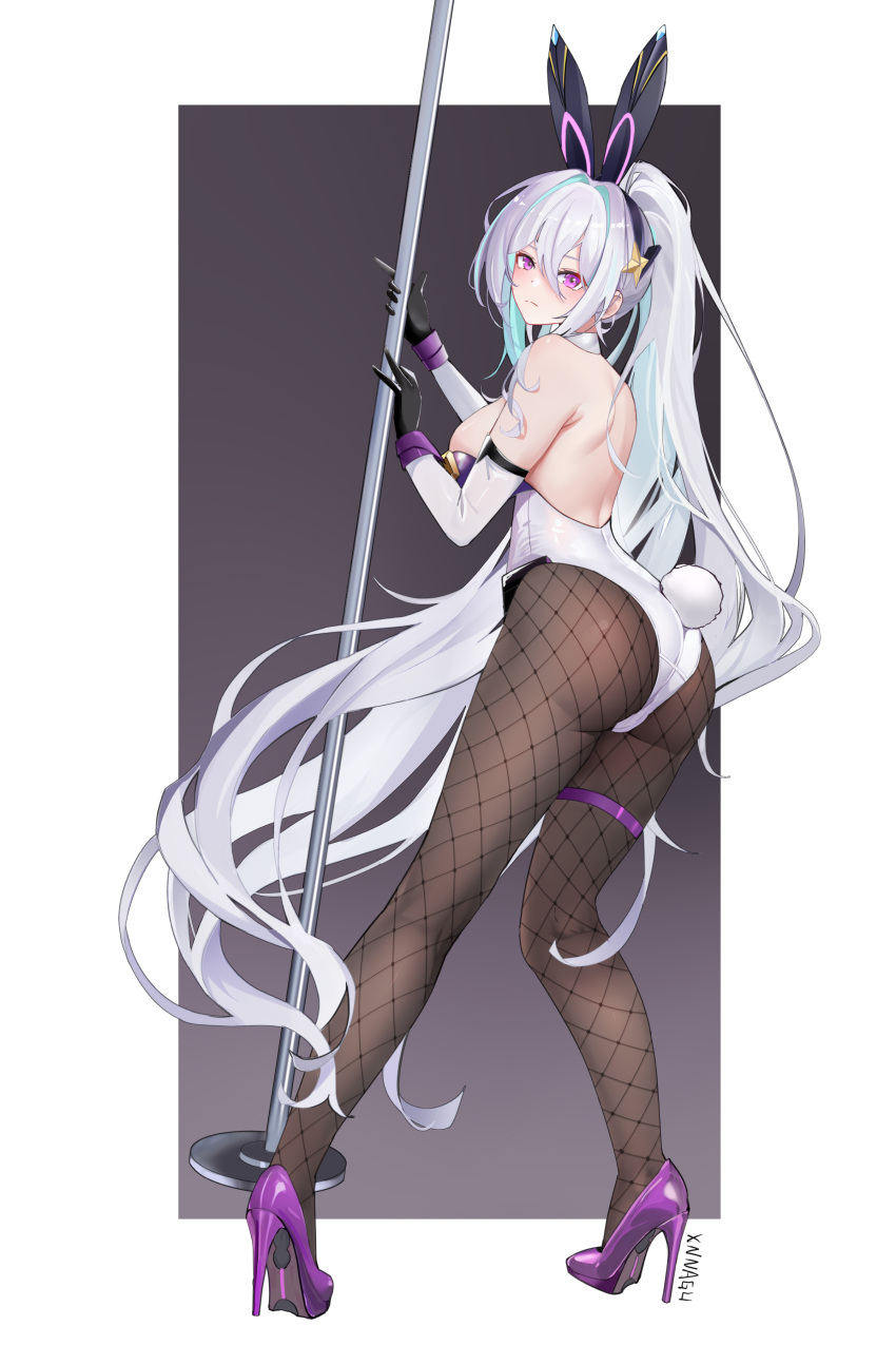 1girl absurdres animal_ears aqua_pupils ass azur_lane backless_leotard elbow_gloves fake_animal_ears fake_tail fishnet_pantyhose fishnets from_behind gloves high_heels highres holding holding_pole kearsarge_(all_night_charge)_(azur_lane) kearsarge_(azur_lane) leotard long_hair looking_at_viewer looking_back multicolored_leotard official_alternate_costume pantyhose playboy_bunny pole ponytail strapless strapless_leotard stripper_pole syngeloussier tail thigh_strap undersized_breast_cup white_hair white_leotard