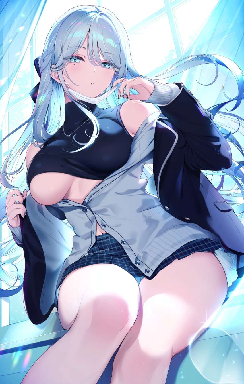 1girl bare_shoulders blue_eyes blue_hair blue_jacket blue_panties blue_skirt blush breasts hair_ornament highres jacket kat_(bu-kunn) large_breasts long_hair long_sleeves looking_at_viewer mole mole_under_eye navel off_shoulder open_clothes open_jacket original panties parted_lips partially_unbuttoned plaid plaid_skirt skirt solo thighs turtleneck underboob underwear