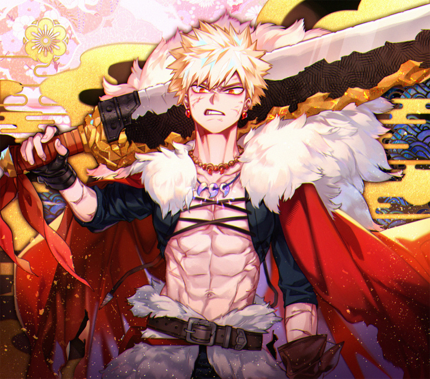 1boy 2nd_popularity_poll_(boku_no_hero_academia) abs abstract_background alternate_universe arm_at_side bakugou_katsuki bare_pectorals black_gloves blonde_hair bloodshot_eyes blue_jacket blurry boku_no_hero_academia cape carrying_over_shoulder chinese_commentary chromatic_aberration commentary_request cropped_jacket cross-laced_clothes cross-laced_top depth_of_field earrings film_grain fingerless_gloves fingernails floating_cape flower_(symbol) fur-trimmed_cape fur-trimmed_waist_cape fur_trim furrowed_brow gloves greatsword hand_on_hilt hand_up highres huge_weapon jacket jewelry kikumon looking_at_viewer magatama magatama_earrings magatama_necklace male_focus multiple_necklaces multiple_scars navel necklace no_shirt official_alternate_costume over_shoulder pattern_request pectorals pendant prussia_echo red_cape red_eyes sanpaku scar scar_on_arm scar_on_hip scowl scratches seigaiha shadow short_hair sleeves_past_elbows solo spiked_hair straight-on sword sword_over_shoulder toned toned_male tooth_necklace torn_cape torn_clothes upper_body v-shaped_eyebrows waist_cape weapon weapon_over_shoulder