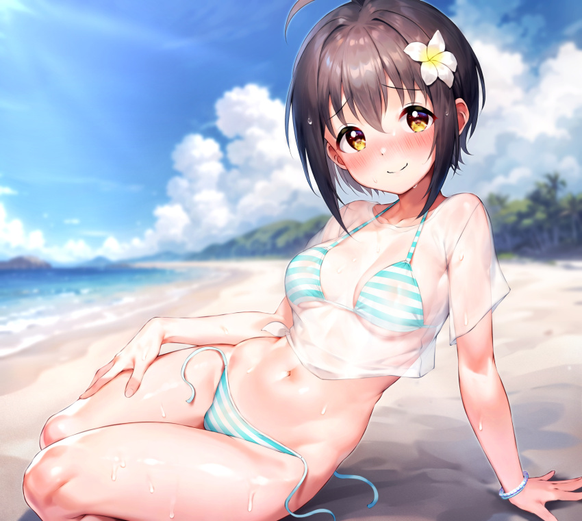 1girl ahoge arm_support beach bikini black_hair blue_bikini blue_sky blush bracelet breasts brown_eyes cleavage closed_mouth cloud collarbone commentary_request commission cropped_shirt day flower hair_between_eyes hair_flower hair_ornament highres horizon idolmaster idolmaster_cinderella_girls jewelry kohinata_miho looking_at_viewer medium_breasts navel ocean outdoors pixiv_commission qianlou_(qianlou12374) sand see-through see-through_shirt shirt short_hair side-tie_bikini_bottom sitting sky smile solo striped_bikini striped_clothes swimsuit untied_bikini untied_bikini_bottom water wet wet_clothes white_shirt yokozuwari