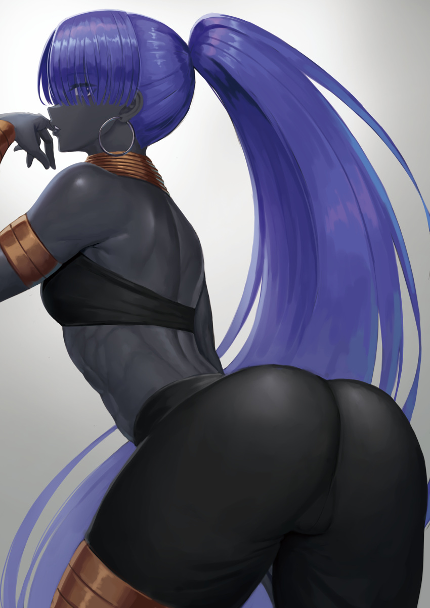 1girl armlet ass assassin_(fate/zero) bare_shoulders biceps black_pants bracer breasts dark-skinned_female dark_skin earrings fate/zero fate_(series) female_assassin_(fate/zero) halterneck high_ponytail highres hoop_earrings jewelry large_breasts long_hair looking_at_viewer looking_back muscular muscular_female neck_ring pants purple_eyes purple_hair ranma_(kamenrideroz) solo thighs toned very_long_hair