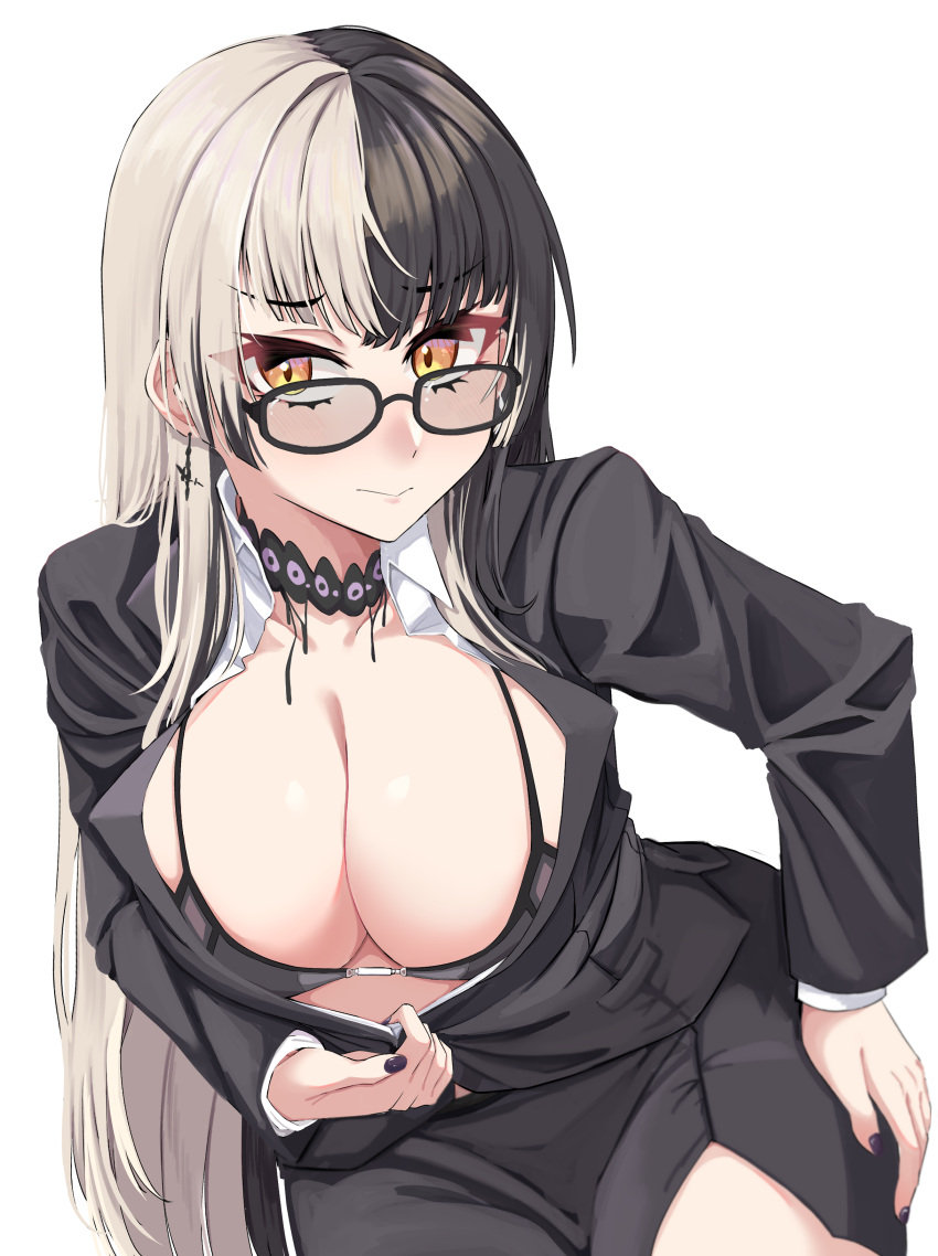 1girl absurdres black-framed_eyewear black_bra black_choker black_hair black_nails black_shirt bra breasts choker cleavage clothes_pull glasses grey_hair highres hololive hololive_english lace-trimmed_choker lace_trim large_breasts long_hair looking_at_viewer looking_through_legs mmneko multicolored_hair nail_polish shiori_novella shirt shirt_pull split-color_hair transparent_background underwear virtual_youtuber yellow_eyes
