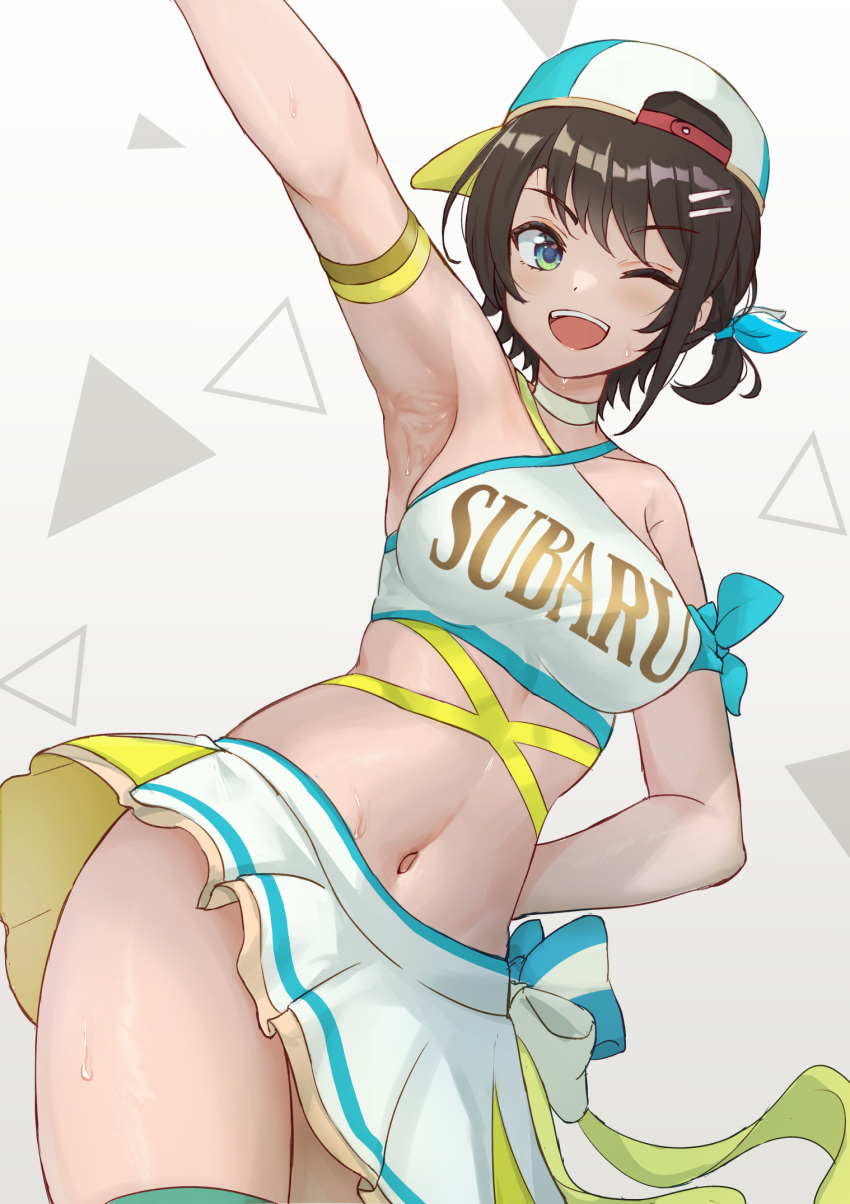1girl adopot alternate_costume arm_up armpits backwards_hat black_hair blue_eyes breasts character_name cheerleader commentary cowboy_shot crop_top hair_ornament hairclip halterneck hand_on_own_hip hat highres hololive large_breasts looking_at_viewer midriff multicolored_clothes multicolored_headwear navel one_eye_closed one_side_up oozora_subaru open_mouth pleated_skirt print_shirt shirt short_hair skirt smile solo stomach tomboy triangle very_short_hair virtual_youtuber white_background white_skirt