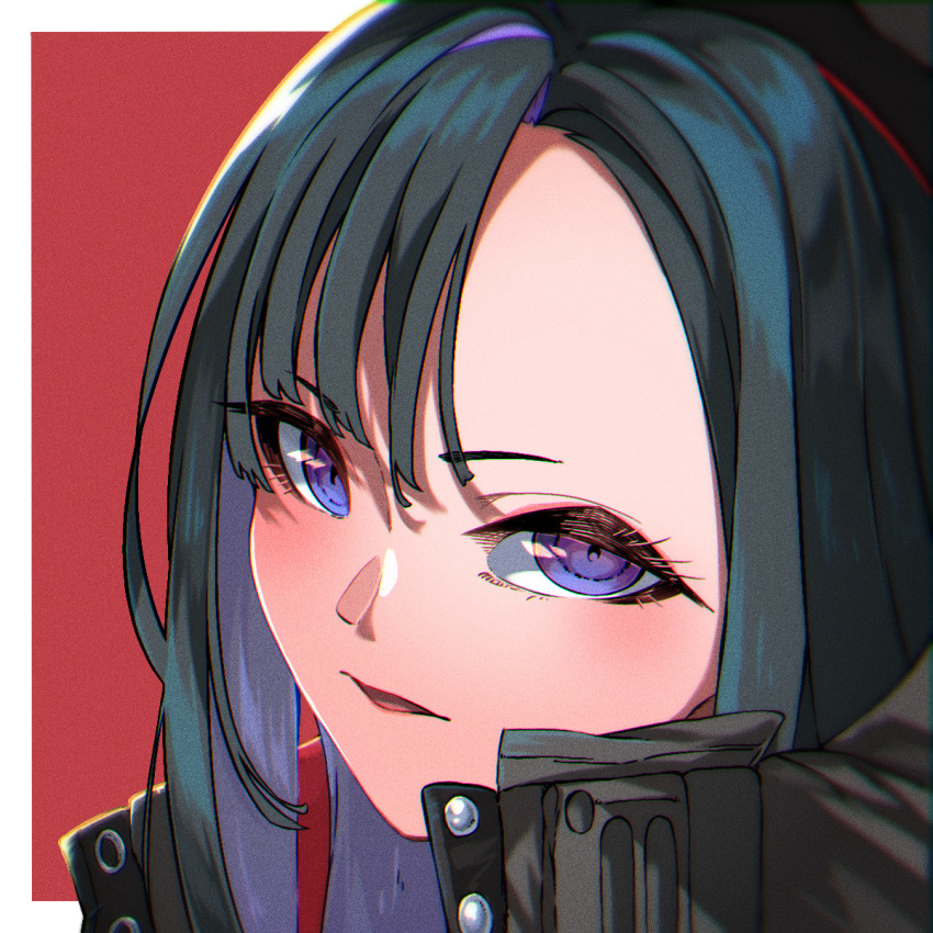 1girl amazora_cakel black_hair black_jacket blue_eyes buttons close-up eunhwa_(nikke) forehead goddess_of_victory:_nikke highres jacket popped_collar thick_eyelashes