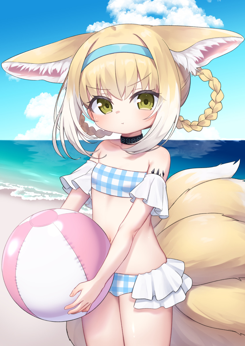 1girl absurdres alternate_costume animal_ear_fluff animal_ears arknights ball bare_shoulders beach beachball bikini black_collar blonde_hair blue_bikini blue_hairband blue_sky blush braid braided_hair_rings breasts closed_mouth cloud collar collarbone colored_tips commission commissioner_upload cowboy_shot day detached_sleeves fox_ears fox_girl fox_tail frilled_bikini frills green_eyes hair_rings hairband highres holding holding_ball holding_beachball infection_monitor_(arknights) kitsune kokone_(coconeeeco) kyuubi looking_at_viewer multicolored_hair multiple_tails navel non-web_source ocean oripathy_lesion_(arknights) outdoors plaid plaid_bikini pout short_hair skeb_commission sky small_breasts solo strapless strapless_bikini suzuran_(arknights) swimsuit tail twin_braids two-tone_hair v-shaped_eyebrows variant_set white_hair