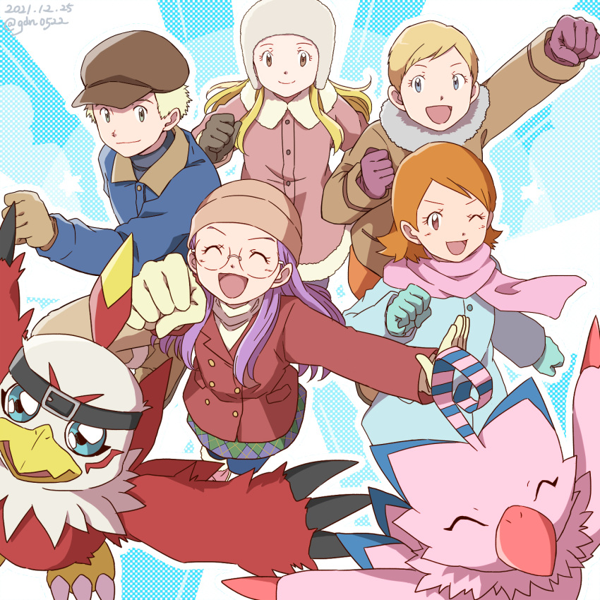 anna_(digimon) beak belt bird blue_eyes closed_eyes digimon digimon_adventure_02 feathers gdn0522 glasses happy hat hawkmon highres inoue_miyako lara_(digimon) looking_at_viewer one_eye_closed open_mouth piyomon smile takenouchi_sora wings yuri_(digimon)