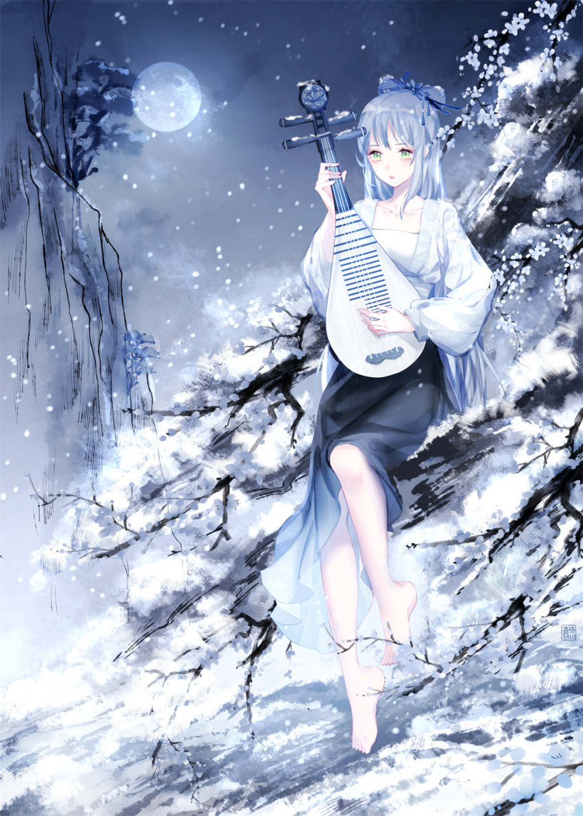 1girl barefoot black_dress blue_hair bow branch breasts cherry_blossoms collarbone dress gradient_dress green_eyes hair_bow highres holding holding_instrument instrument jacket light_particles long_hair long_sleeves luo_tianyi lute_(instrument) moon mountain night outdoors parted_lips pipa_(instrument) purple_bow shirt sitting sitting_on_branch snow snowing solo vocaloid white_jacket white_shirt winter yu_jiu