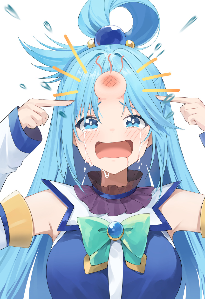 1girl absurdres aqua_(konosuba) arms_up blue_eyes blue_hair blue_shirt blush bow breasts commentary_request crying crying_with_eyes_open detached_sleeves drooling green_bow head_bump highres kono_subarashii_sekai_ni_shukufuku_wo! lisu long_hair long_sleeves medium_breasts mouth_drool notice_lines open_mouth parted_bangs pointing pointing_at_self shirt simple_background sleeveless sleeveless_shirt sleeves_past_wrists solo tears upper_body white_background white_sleeves