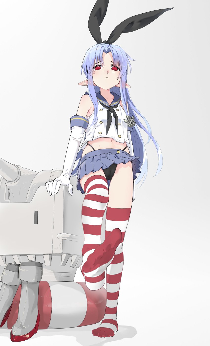 1girl absurdres blue_hair boots cameltoe commission cosplay crop_top elbow_gloves g-string gloves highres kantai_collection len_(tsukihime) light_blue_hair long_hair looking_at_viewer looking_down miniskirt navel panties pointy_ears red_eyes sailor_collar shimakaze_(kancolle) shimakaze_(kancolle)_(cosplay) sidelocks skeb_commission skirt soles solid_eyes solo striped_clothes striped_thighhighs thighhighs thong tsukihime underwear unworn_boots very_long_hair yakitori0829