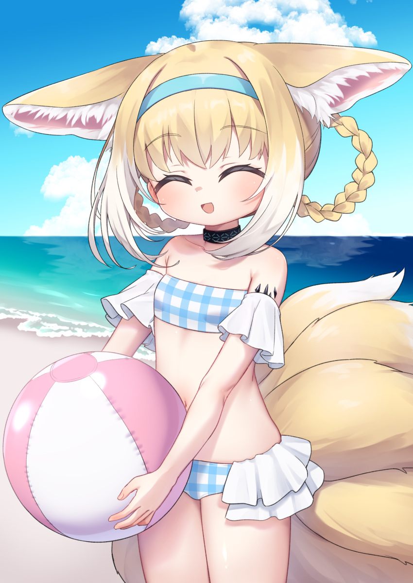 1girl :d ^_^ absurdres alternate_costume animal_ear_fluff animal_ears arknights ball bare_shoulders beach beachball bikini black_collar blonde_hair blue_bikini blue_hairband blue_sky braid braided_hair_rings breasts closed_eyes cloud collar collarbone colored_tips commission commissioner_upload cowboy_shot day detached_sleeves facing_viewer fox_ears fox_girl fox_tail frilled_bikini frills hair_rings hairband highres holding holding_ball holding_beachball infection_monitor_(arknights) kitsune kokone_(coconeeeco) kyuubi multicolored_hair multiple_tails navel non-web_source ocean open_mouth oripathy_lesion_(arknights) outdoors plaid plaid_bikini short_hair skeb_commission sky small_breasts smile solo strapless strapless_bikini suzuran_(arknights) swimsuit tail twin_braids two-tone_hair variant_set white_hair