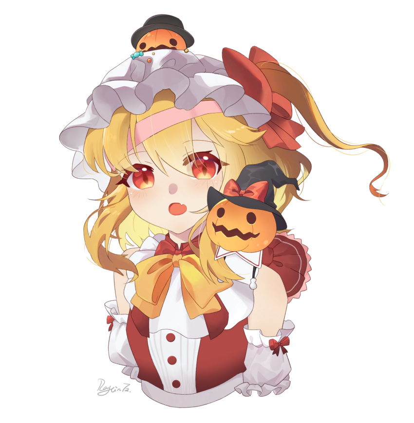 1girl absurdres ascot blonde_hair fang flandre_scarlet hat hat_ribbon highres jack-o'-lantern medium_hair open_mouth penguin72 red_eyes red_ribbon ribbon side_ponytail simple_background solo touhou upper_body white_background witch_hat yellow_ascot