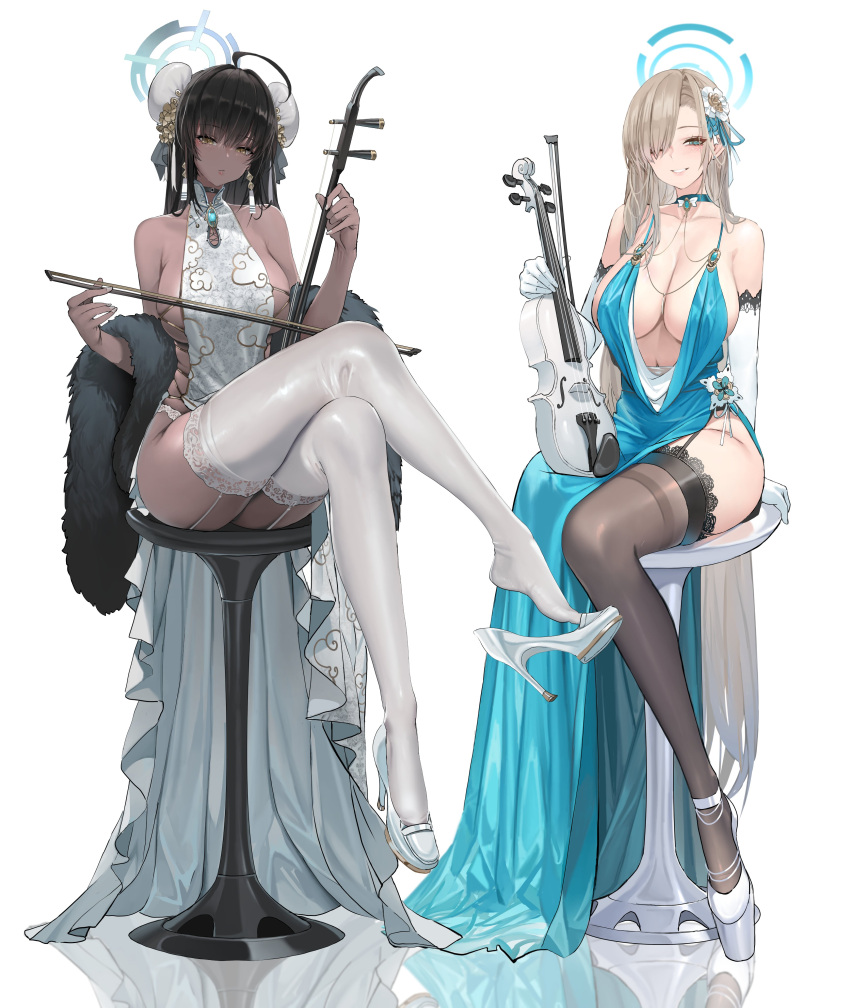 2girls absurdres ahoge alternate_costume asuna_(blue_archive) asymmetrical_bangs bare_shoulders black_thighhighs blue_archive blue_dress blue_eyes blush bow_(music) breasts china_dress chinese_clothes cleavage collarbone crossed_legs dark-skinned_female dark_skin dishwasher1910 double_bun dress earrings elbow_gloves extreme_dangling feet fur-trimmed_sleeves fur_trim garter_straps gloves grey_thighhighs grin hair_bun hair_over_one_eye halo halter_dress halterneck high_heels highres holding holding_instrument holding_violin instrument jewelry karin_(blue_archive) lace-trimmed_thighhighs large_breasts left-handed light_brown_hair long_bangs long_hair looking_at_viewer multiple_girls music_stand navel one_eye_covered plunging_neckline revealing_clothes sheet_music shoe_dangle sideboob sideless_outfit simple_background sitting smile stool textless_version thighhighs very_long_hair violin white_background white_footwear white_gloves white_thighhighs