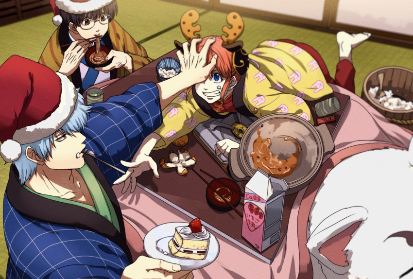 1girl 2boys black_hair blue_eyes brown_eyes cake cake_slice chopsticks cup eating food food_on_face fork from_above fruit gintama glasses grin hat indoors japanese_clothes kagura_(gintama) kotatsu mandarin_orange milk_carton multiple_boys nikuhen official_style ohitsu orange_hair portable_stove pushing_away pushing_face red_eyes reindeer_hair_ornament rice sadaharu santa_hat shamoji shimura_shinpachi smile table tea teacup utensil_in_mouth white_hair