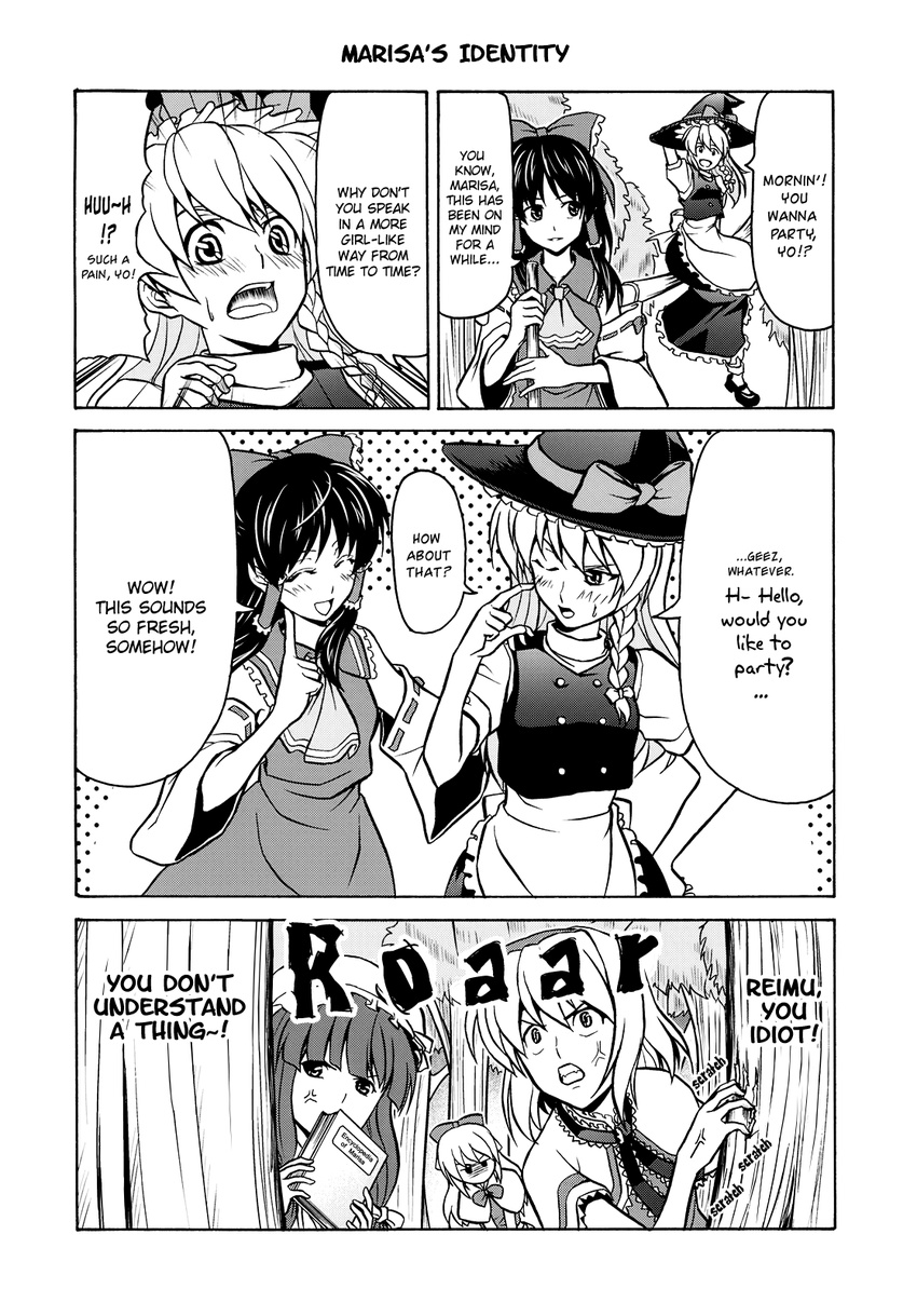 alice_margatroid anger_vein angry book broom broom_riding clenched_teeth comic greyscale hakurei_reimu hard_translated hat highres kirisame_marisa monochrome multiple_girls patchouli_knowledge satou_yuuki shanghai_doll stalking teeth touhou translated tree witch_hat