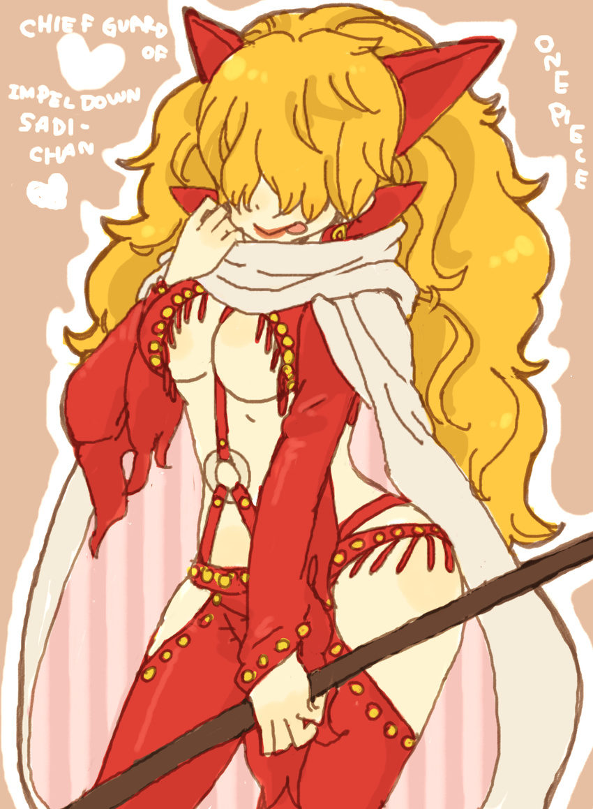 blonde_hair cape curly_hair fringe_trim hair_over_eyes highres horns licking_lips lipstick long_hair makeup one_piece revealing_clothes sadi-chan solo tongue tongue_out yukke