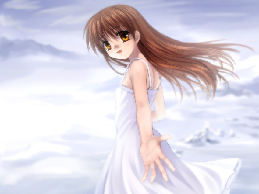 brown_eyes brown_hair clannad dress girl_from_the_illusionary_world highres long_hair looking_back mutsuki_(moonknives) solo sundress