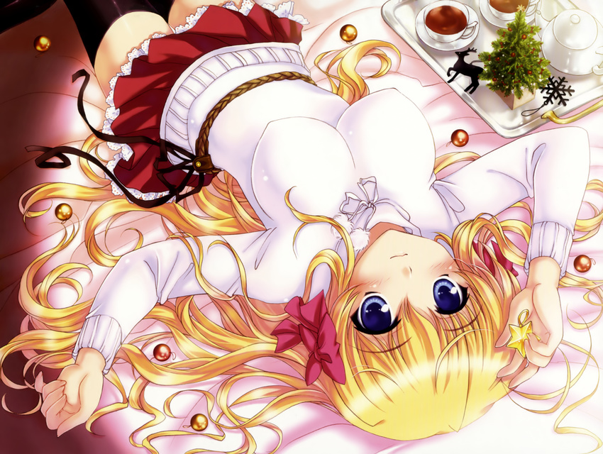 absurdres bed black_legwear blonde_hair blue_eyes blush breasts christmas covered_nipples cup fortune_arterial hair_ribbon highres impossible_clothes impossible_sweater large_breasts long_hair looking_at_viewer lying on_back ribbon sendou_erika shirt skirt solo star sweater thighhighs very_long_hair wavy_mouth yano_takumi zettai_ryouiki