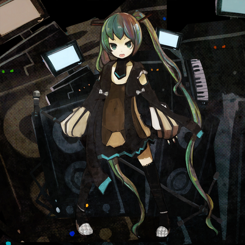 1girl aqua_eyes bad_id bad_pixiv_id brown_hair computer detached_sleeves green_hair hair_ribbon hatsune_miku highres instrument keyboard_(instrument) long_hair long_sleeves microphone microphone_stand monitor multicolored_hair nail_polish navel necktie nekotewi open_mouth ribbon see-through skirt solo speaker star thighhighs twintails very_long_hair vocaloid zettai_ryouiki