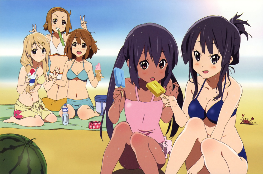 :d akiyama_mio barefoot beach bikini black_eyes black_hair blonde_hair blue_eyes blush bottle breasts brown_eyes brown_hair casual_one-piece_swimsuit cleavage crab crustacean dark_skin day double_v everyone flat_chest folded_ponytail food frilled_swimsuit frills fruit grin hair_up halterneck highres hirasawa_yui ice_cream ishidate_taichi k-on! kneeling kotobuki_tsumugi long_hair medium_breasts mouth_hold multiple_girls nakano_azusa navel official_art one-piece_swimsuit open_mouth outdoors pink_swimsuit ponytail popsicle print_sarong red_eyes sarong scan shaved_ice short_hair sitting sky small_breasts smile sweat swimsuit tainaka_ritsu tan towel twintails v water water_bottle watermelon wrist_grab yellow_sarong